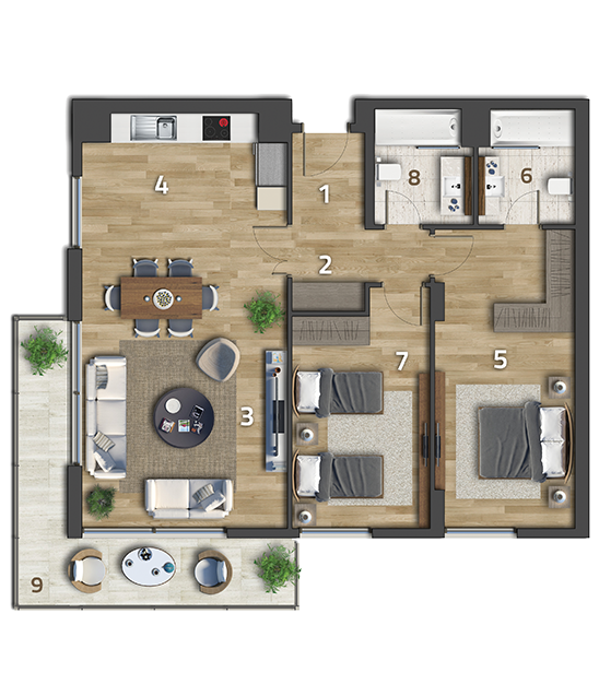 Köy Apartman Kat Planı 2+1 Köşe Daire